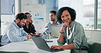 Face, laptop and typing with business woman in boardroom for start of financial meeting or review. Computer, smile and wealth management with accounting professional in workplace for planning