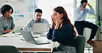 Finance, fatigue or woman in agency with headache, brain fog or audit mistake on budget report. Migraine, coworking or analyst in workplace with tech, burnout or bookkeeping error in cost review.