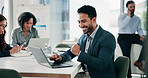 Fist pump, reading or businessman with laptop in office, proposal approval or forecast plan success. Coworking, celebrate or financial advisor with pc for email feedback, client acquisition or smile