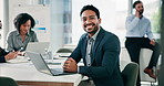 Face, laptop and typing with business man in boardroom for start of financial meeting or review. Computer, risk management and smile of happy accounting professional in workplace for planning