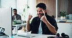 Victory, fist pump or man in office with computer, viral article or story promotion for magazine. Achievement, coworking or journalist with tech, career milestone or editorial success in newsroom.