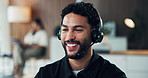 Help desk, speaking and man in call center for technical support, smile and customer service. Talking, person and virtual consultant with headset for IT feedback, communication or coworking in office