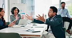 Man, team and angry at office meeting with stress, throw documents and fight at financial company. Person, mistake and frustrated with group, paperwork and lost deal with talk at investment agency