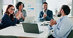 Laptop, presentation and applause for business man, thank you and success in financial workshop. Computer, team and clap for presenter, smile and celebrate achievement with profit increase in office