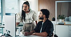 Computer, discussion and business people in office with feedback, advice or review on creative project. Meeting, technology and magazine editor with manager for planning article publishing at agency.