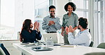 People, team and laptop at office meeting with applause, success or celebration at financial company. Men, women and computer with group, clapping hands or achievement with goals at investment agency