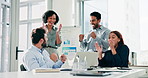 People, team and celebration at office meeting with applause, high five or excited at financial company. Men, women and happy with group, fist pump and achievement with goals at investment agency