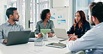 Woman, team and tablet at office meeting with discussion, review or planning at financial company. Person, talk and tech with group, feedback or collaboration with app for report at investment agency