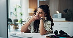 Tired, woman and yawn at computer in office for mental fatigue, editing article and brain fog. Coworking agency, exhausted journalist and sleepy at PC with low energy, burnout and overworked on story