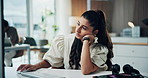 Tired, woman and bored with computer in office for burnout, sleepy and low energy for submission. Coworking agency, exhausted journalist and lazy at tech from insomnia, tedious article and overworked