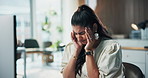 Tired, woman and headache in office with computer, marketing challenge and fatigue for campaign fail. Coworking, exhausted person and migraine in advertising agency with desktop, problem and mistake.