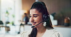 Agent, talking and woman in call center for telemarketing, smile and laugh with customer. Funny, person and sales consultant with headset for telesales, lead generation and communication in office
