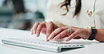 Hands, woman and typing on computer in office for news story, article publication and editing. Publishing agency, journalist and tech at desk for editor feedback, submission draft or creative process