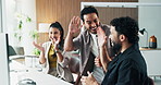 High five, office and business people on computer for success, online trading and budget approval. Teamwork, finance startup and men and woman on pc to celebrate bonus, financial growth and profit