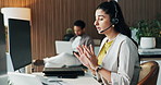 Agent, talking and woman with headset, office and communication for lead generation or telemarketing. Call center, consultant and person with computer for sales process, coworking and chat with mic