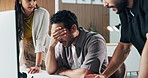 Business, team and stress with crisis at computer for market crash, bad investment or financial loss. Traders, people and disappointed with PC in office for trading inflation, price plummet and worry