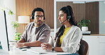Office, team and people with headset, help and communication for lead generation, pointing or online. Call center, advice and colleagues with computer for sales process, coworking and talk with mic