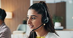 Laughing, agent and woman with headset, office and discussion for lead generation and telemarketing. Call center, consultant and person with smile for sales process, listening and funny chat with mic