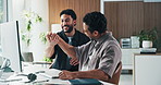 Excited, team and men with computer, high five and colleagues with success or design approval on web. Graphic designer, achievement and people with tech for positive feedback or celebration in office