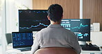 Finance, graph and back of businessman on computer for stock market, trading analytics and investment. Growth, statistics and person on pc with profit, research and insight for risk assessment