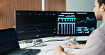 Finance, research and business man on computer for stock market, trading analytics and investment. Financial, agency and person on pc with statistics, profit insight and chart for risk assessment
