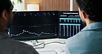 Finance, graph and business people on computer for stock market, trading analytics and investment. Financial, agency and men on pc with statistics, research and chart for risk assessment and profit