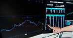 Finance, chart and hands of business people on computer for stock market, trading analytics and profit. Financial, investment and person on pc with statistics, research and graph for risk assessment