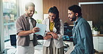 Meeting, tablet and team of business people in office with feedback for web development. Digital technology, laugh and group of software engineers with partnership for coding at startup agency.