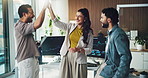 Meeting, high five and team of business people in office with feedback for web development. Collaboration, laughing and group of software engineers with partnership for coding at startup agency.