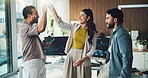 Discussion, high five and team of business people in office with feedback for web development. Celebration, meeting and group of software engineers with partnership for coding at startup agency.