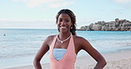 Happy, travel and face of black woman by beach on holiday, getaway or weekend trip in summer. Outdoor, confident and portrait of African female person with smile by ocean for seaside vacation.