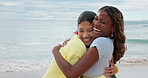Happy, hug and girl friends by beach on holiday in summer with bonding, love and care together. Smile, travel and women embracing by ocean for connection on seaside vacation, getaway or weekend trip.
