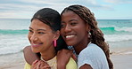Bonding, hug and girl friends by beach on holiday in summer with happiness, love and care together. Smile, travel and women embracing by ocean for connection on vacation, getaway or weekend trip.