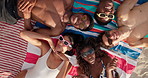 Happy, peace sign and above of friends on beach towel to relax on summer holiday, vacation and weekend. Sunglasses, nature and people with emoji on sand for bonding, connection and hangout together