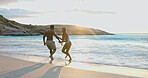 Holiday, couple or running from waves on beach for summer getaway, tropical adventure or freedom. Sunshine, black people and holding hands at ocean for vacation trip, playful bonding and weekend fun