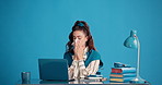 Sneeze, tissue and businesswoman with laptop in studio, allergies and flu infection for running nose. Pc, hayfever and sick employee with germ safety practice for illness, sinus or blue background 