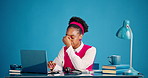 Laptop, writer and black woman in studio, headache for health crisis and pain on blue background. African person, space or journalist at desk, migraine and exhausted with fatigue, brain fog or pc