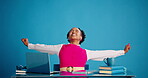 Stretch, done and laptop with business black woman for completed deadline, research article and relax. Journalist reporter, books and finished report with person on blue background for satisfaction 