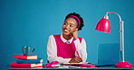 Happy, student and woman with ideas, studio and study for assignment with laptop, think or education. Blue background, reflection and black person with tech for exam preparation, smile and learning