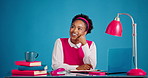 Student, ideas and woman with notebook, studio and studying for exam with smile, learn or education. Blue background, reflection and black person with tech for quiz preparation, happy and planning