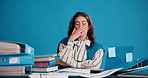 Studio, yawn and tired business woman with burnout, sleep or overworked financial analyst. Fatigue, investment worker or lazy person with deadline pressure, stress or exhausted on blue background