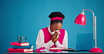 Sneeze, laptop and black woman with writing in studio, allergies and flu infection for immune disease. Pc, hayfever and sick employee with tissue for germ safety practice, notes and blue background