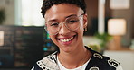 Face, code and smile with business woman in office, programmer and software development. Portrait, happy professional and game developer in workplace with glasses, about us and confident engineer