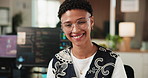 Happy, professional and face of businesswoman in office with confidence for coding career. Laugh, opportunity and portrait of female web developer with pride for programming job development at agency