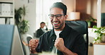 Fist pump, happy and businessman in office with celebration, good news or coding achievement. Excited, glasses and male programmer with success for web development project at startup tech agency.