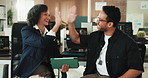 Happy, business people or high five with tablet for cybersecurity, programming or app success. Man, woman or coding with technology or smile for software development or winning together in workplace