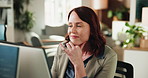 Thinking, programmer and woman with computer, office and planning for project, code or data analysis. Employee, reflection and person with tech for web development, programming and problem solving