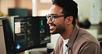 Smile, computer and programming with business man for cybersecurity, firewall code and research. Software engineering, it encryption and cloud data systems with person in office for tech agency
