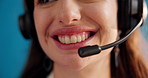 Call center, headset or mouth in studio with chat, support or contact us in crm management. Telemarketing, woman or agent on blue background with tech, customer service or feedback in help desk.