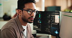 Glasses, computer and programming with business man for cybersecurity, firewall code and research. Software engineering, it encryption and cloud data systems with person in office for tech agency